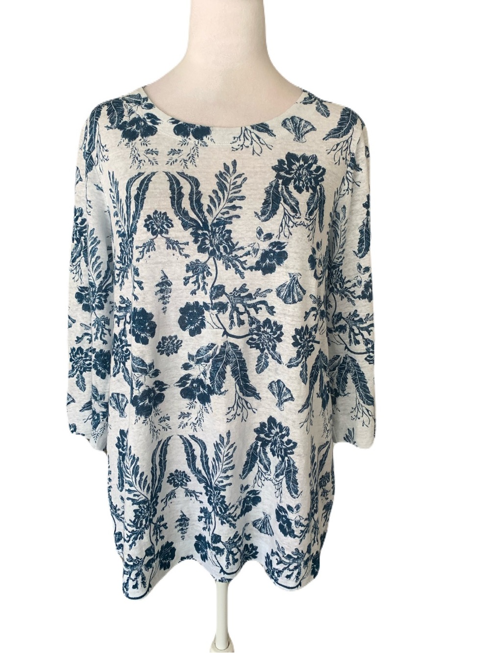 Calypso St Barth Small Blue White Floral 100% Linen Casual Long Sleeve Top